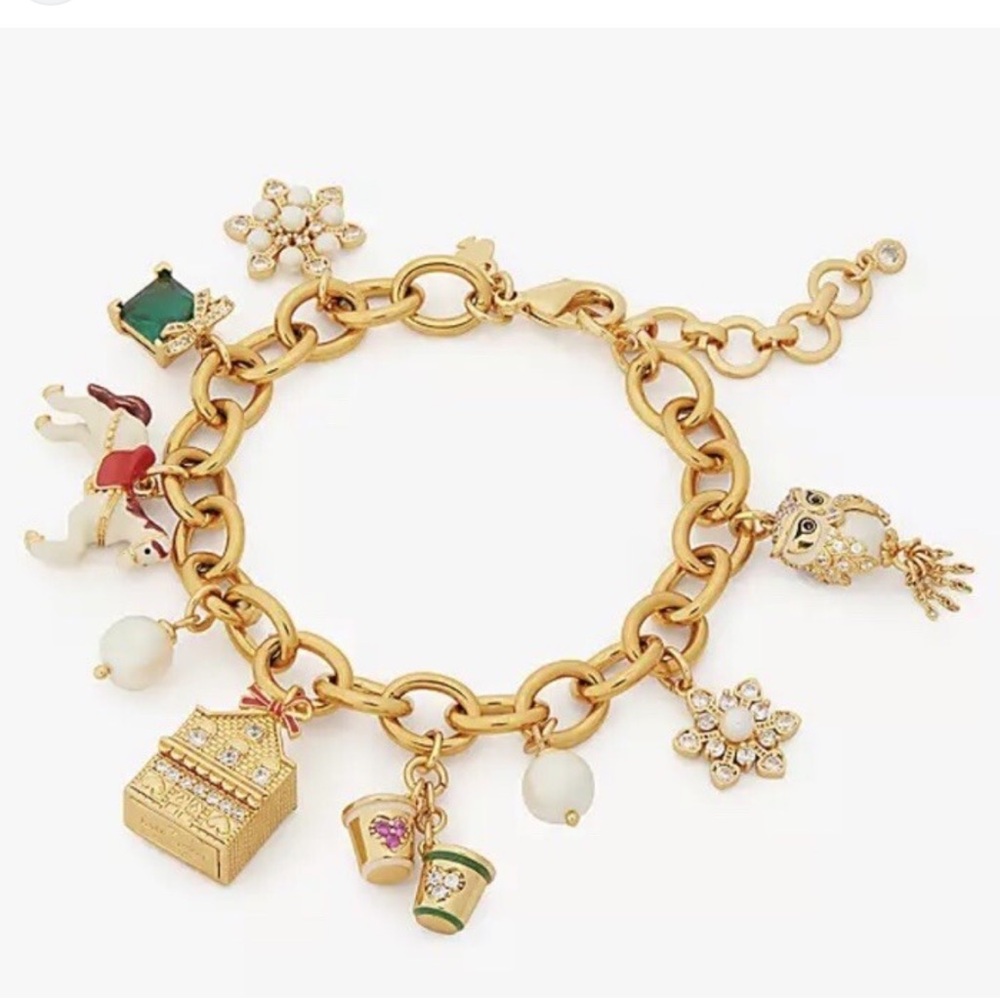 NWOT Kate Spade Gold Tone Charm Bracelet with Pearl & Enamel Accents
